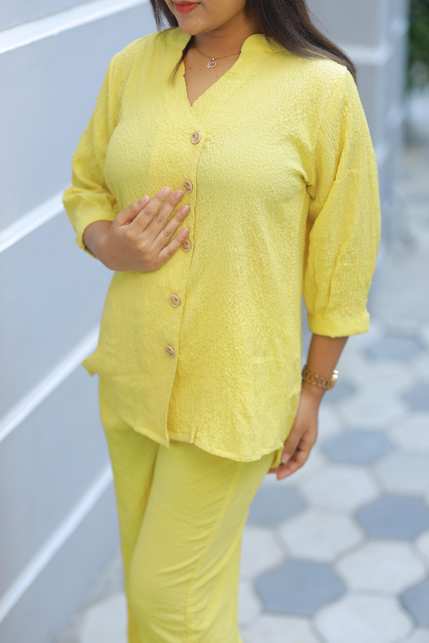 Trendy popcorn Yellow co-ord set nightdress