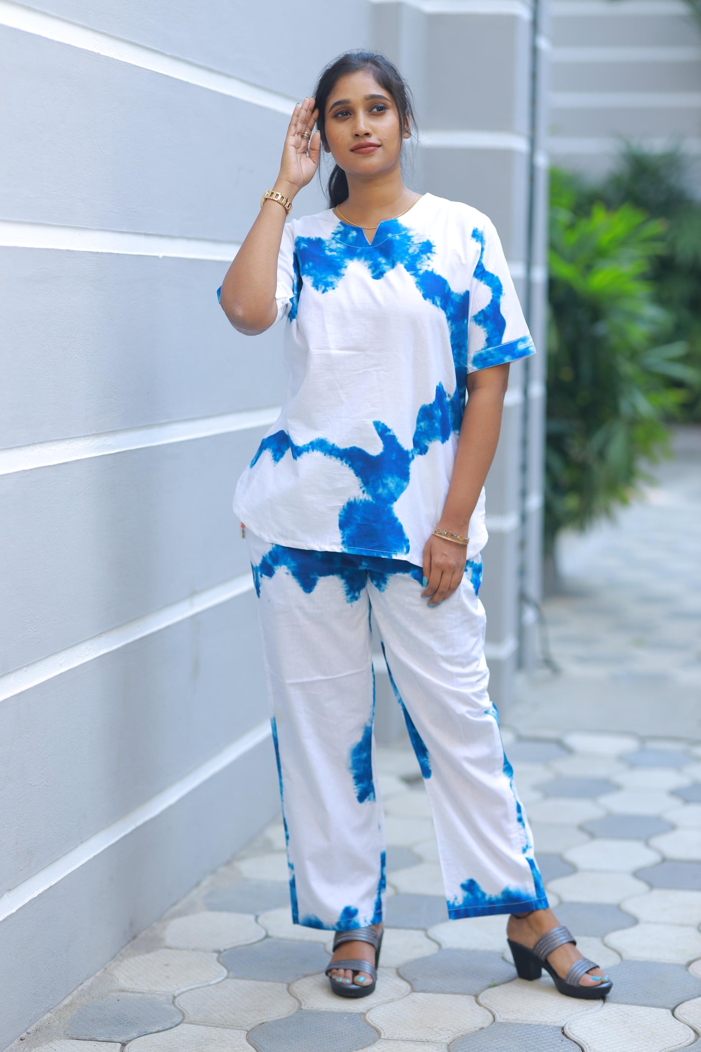 White With Blue design V neck nightdress