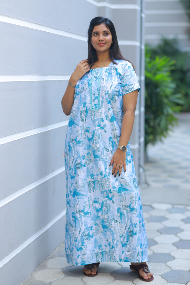 White With Sky Blue Floral Design Without Zip Premium Nighty