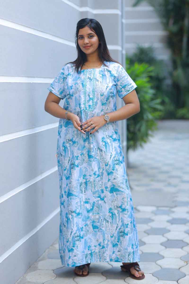 White With Sky Blue Floral Design Without Zip Premium Nighty