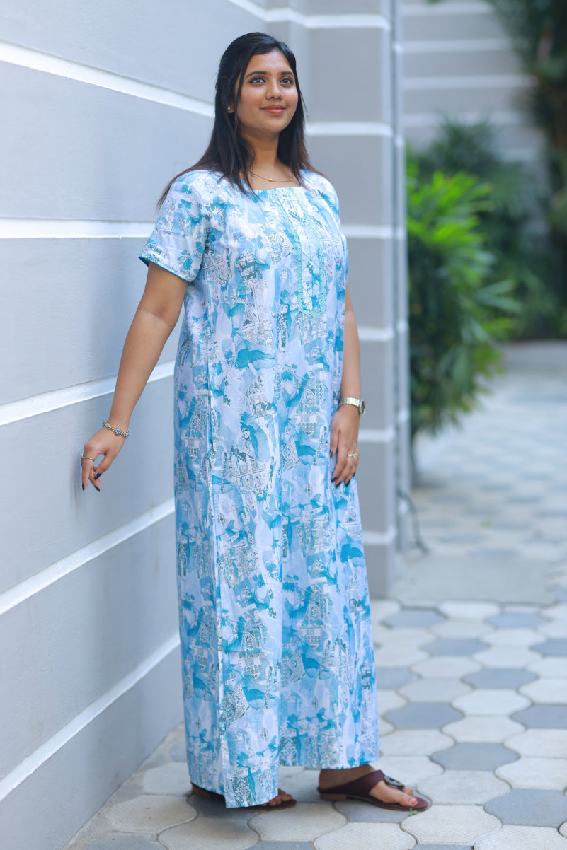White With Sky Blue Floral Design Without Zip Premium Nighty