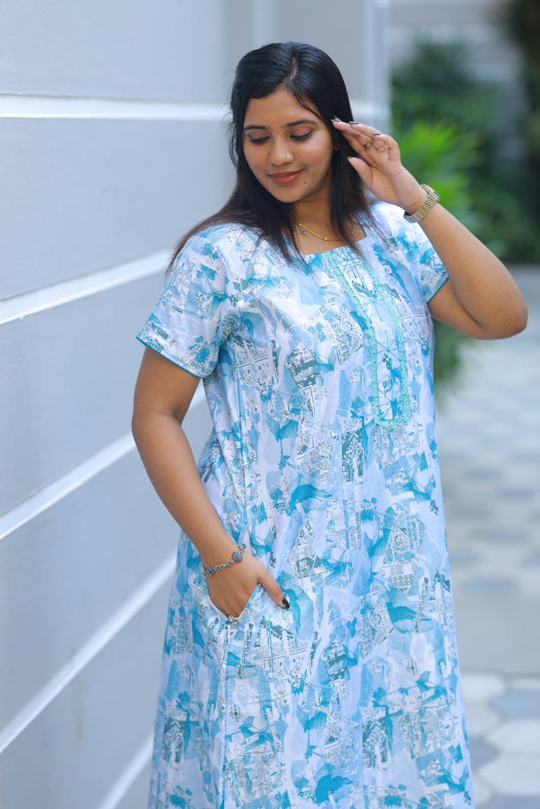White With Sky Blue Floral Design Without Zip Premium Nighty