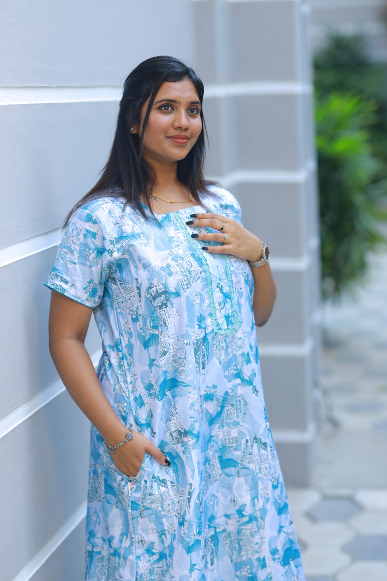 White With Sky Blue Floral Design Without Zip Premium Nighty
