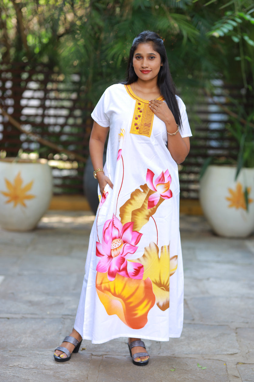 White With Yellow Flower Design Embroidery Nighty