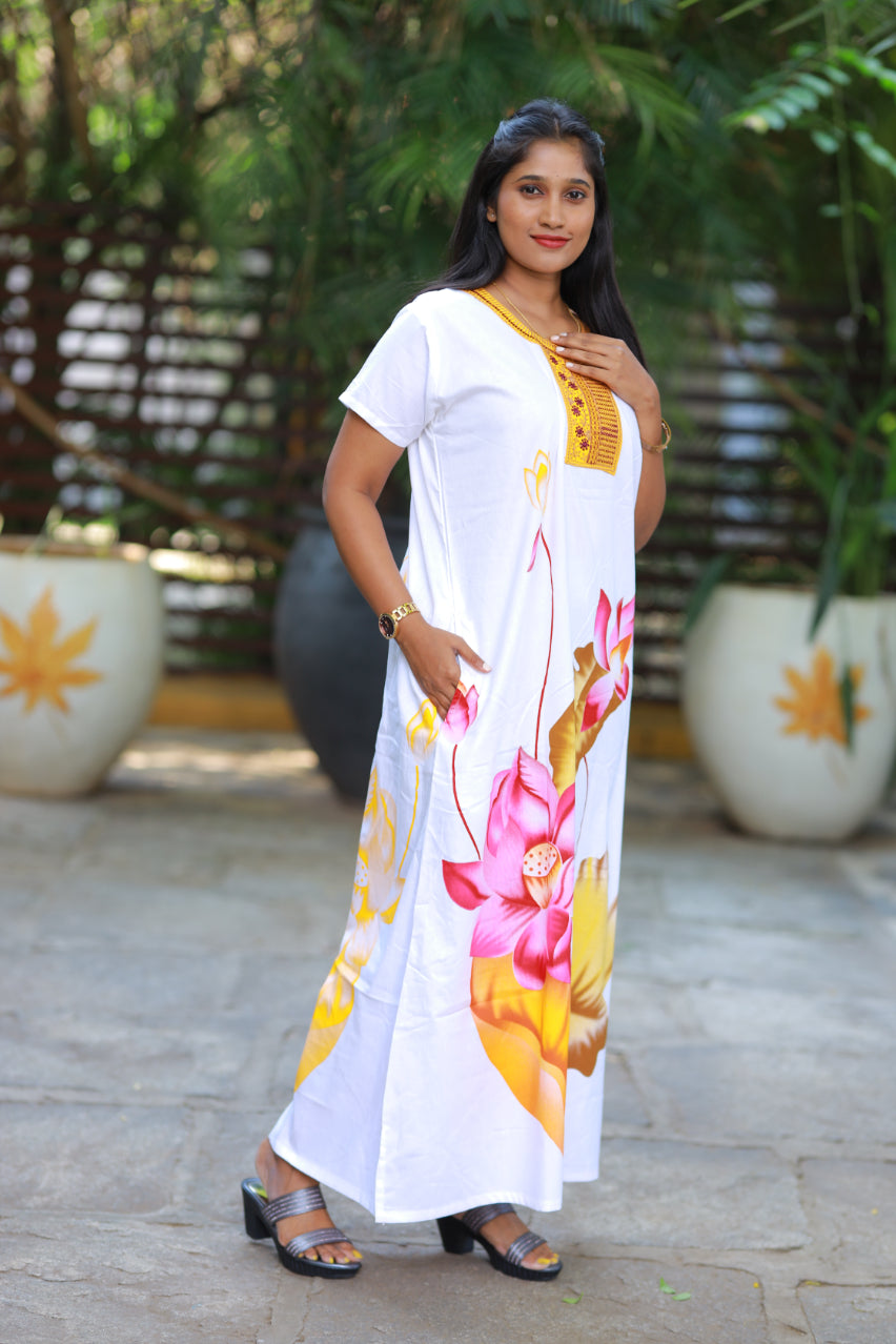 White With Yellow Flower Design Embroidery Nighty