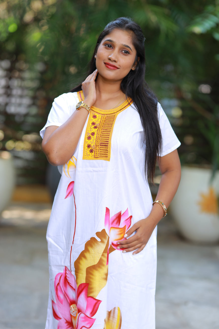 White With Yellow Flower Design Embroidery Nighty