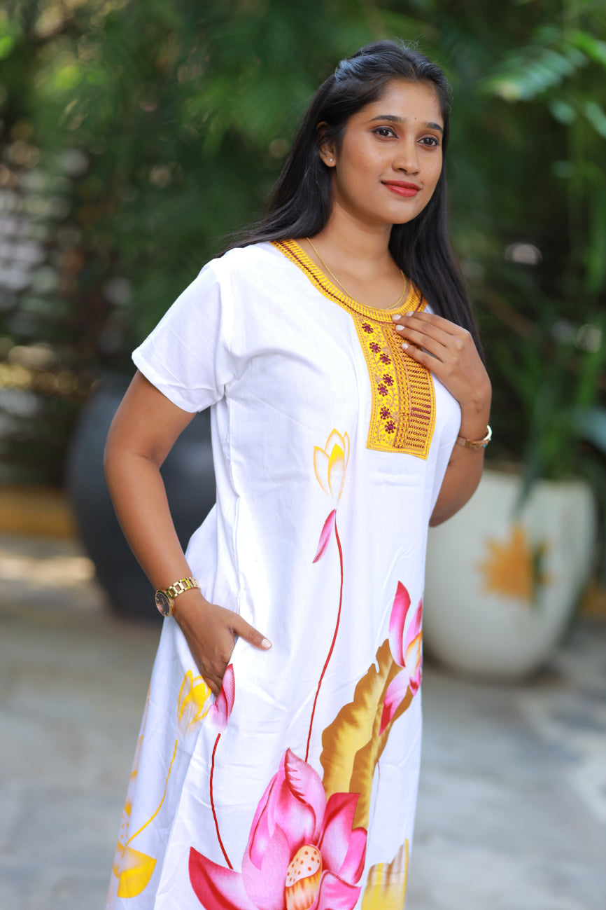 White With Yellow Flower Design Embroidery Nighty