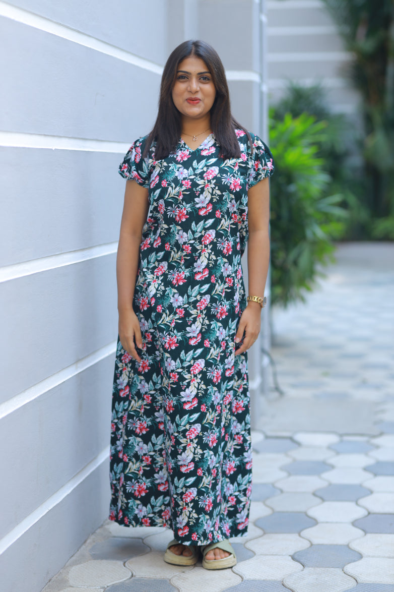 Dark Bottle Green With White & Pink Flower Design V Neck Puff Sleeve Without Zip Nighty - AHA Nightwears