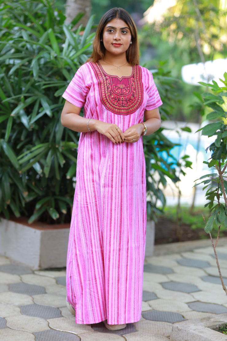 Light purple With Purple design Neck Embroidery Nighty