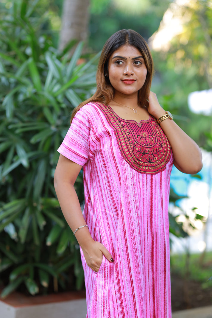 Light purple With Purple design Neck Embroidery Nighty