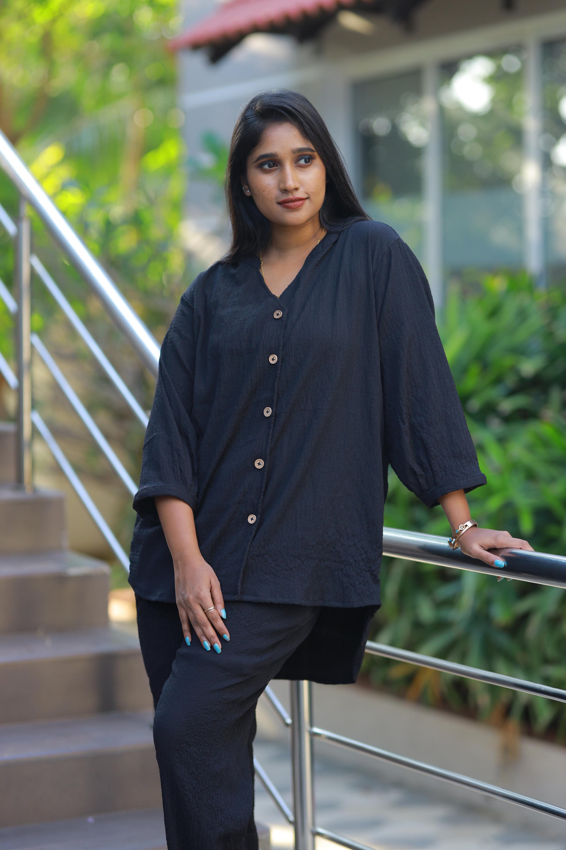 Trendy popcorn Black co-ord set nightdress - AHA Nightwears