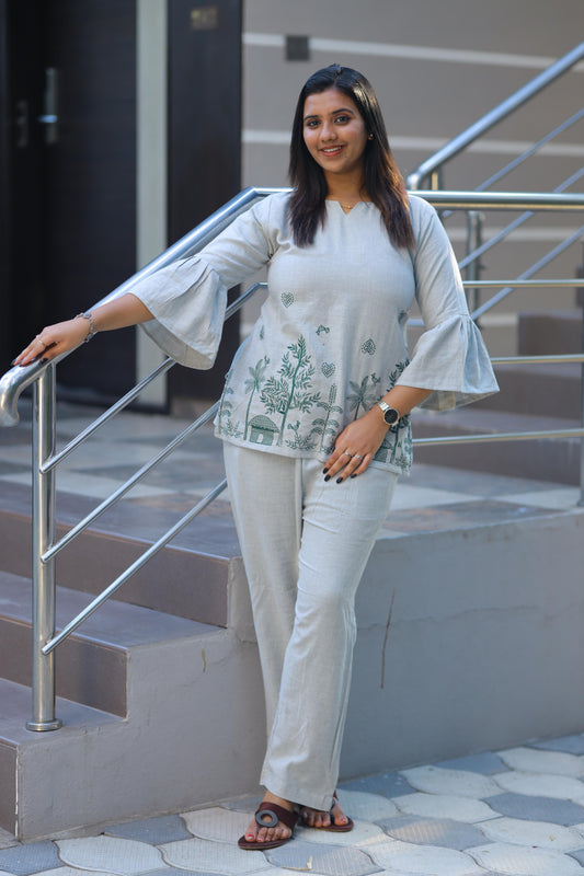 Light Gray With Green embroidery Design Lenin nightdress