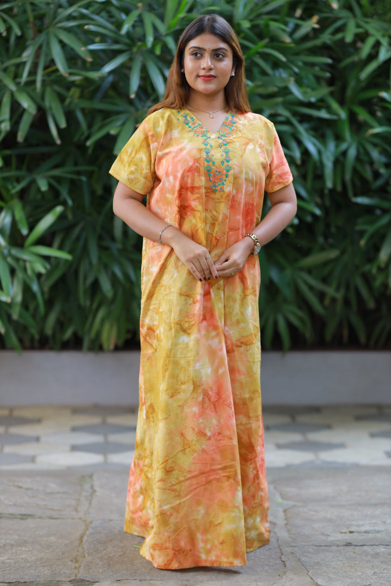 Pure Cotton Batik Nighty With Elegent Embroidery Design
