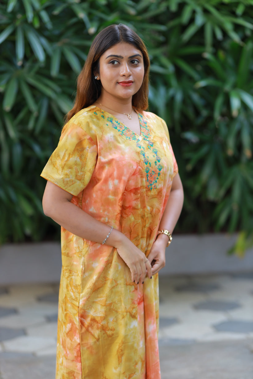 Pure Cotton Batik Nighty With Elegent Embroidery Design