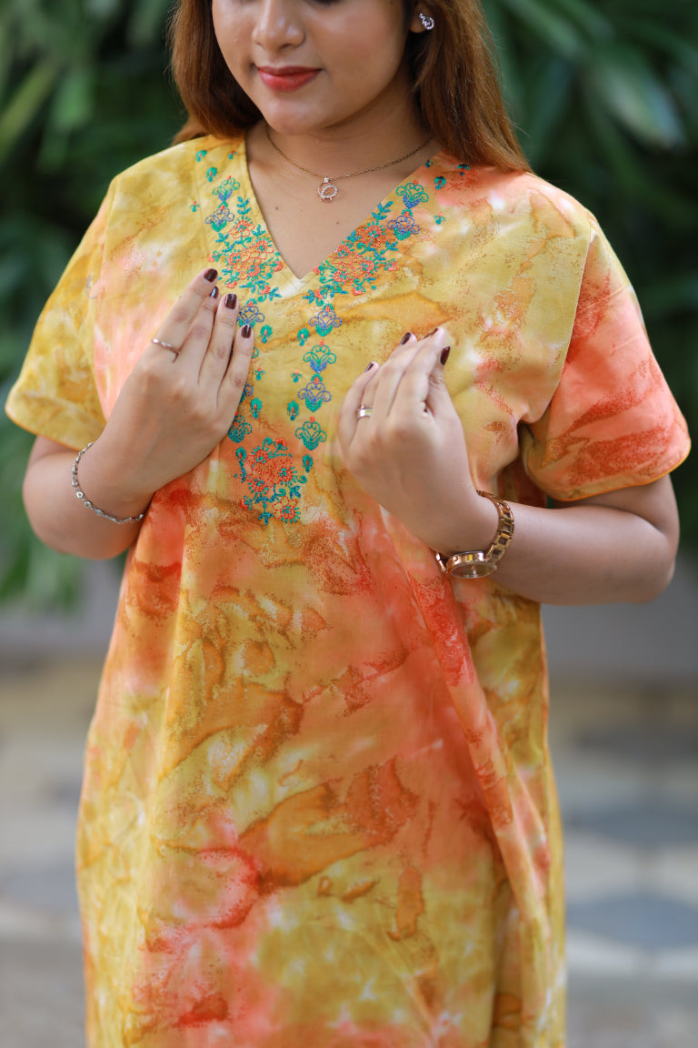 Pure Cotton Batik Nighty With Elegent Embroidery Design