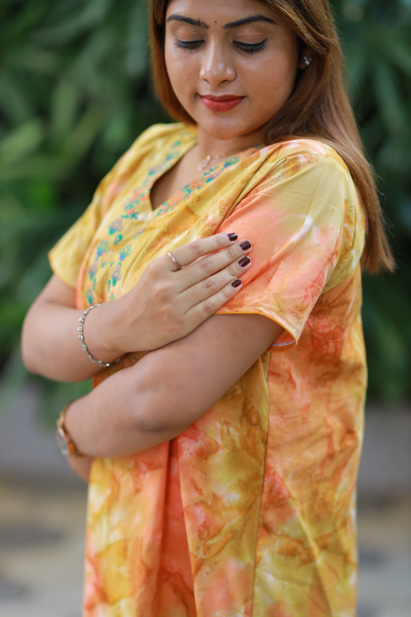 Pure Cotton Batik Nighty With Elegent Embroidery Design
