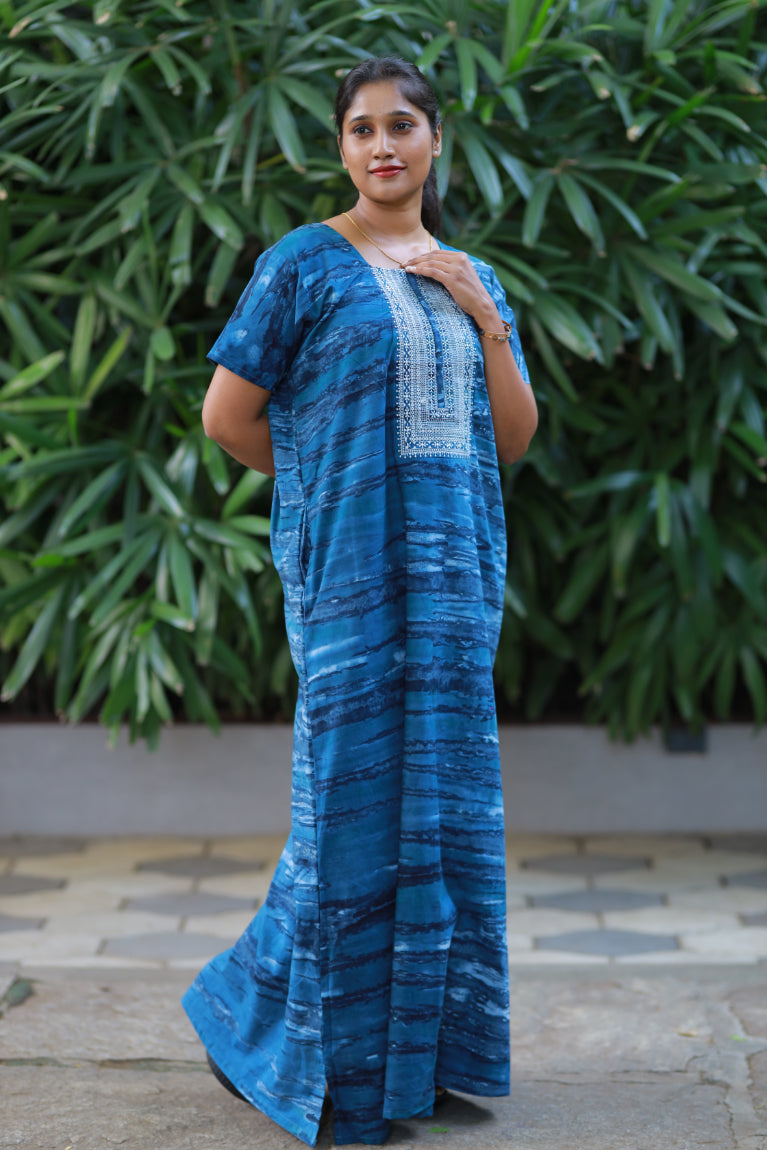 Pure Cotton Batik Nighty With Elegent Embroidery Design