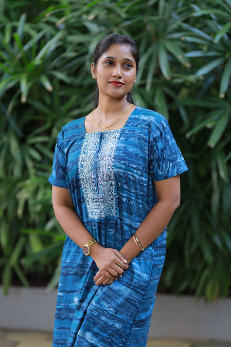 Pure Cotton Batik Nighty With Elegent Embroidery Design