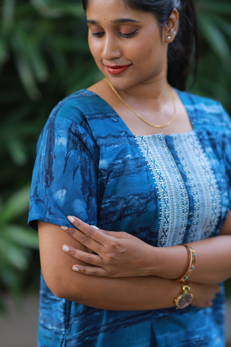 Pure Cotton Batik Nighty With Elegent Embroidery Design