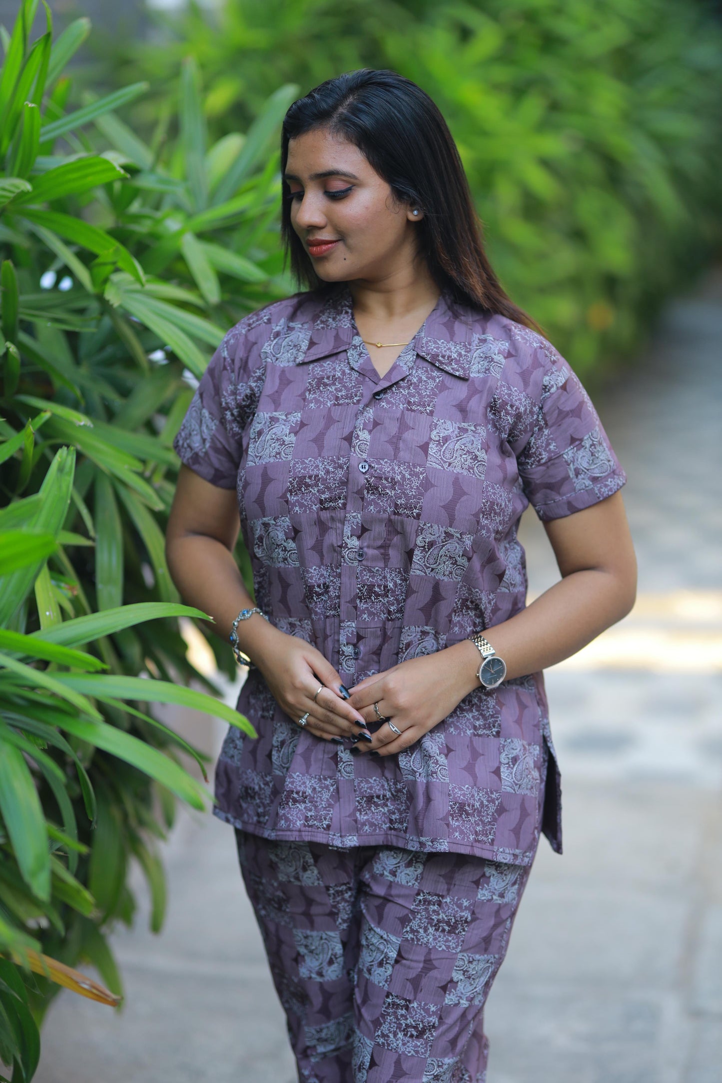 Choclate colour With Checked Floral Design coller Premium Quality NightDress