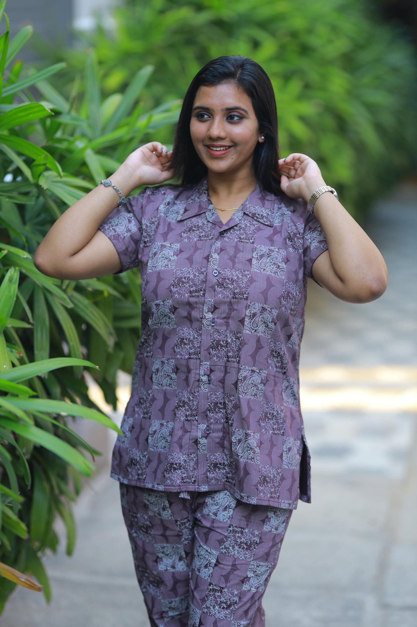 Choclate colour With Checked Floral Design coller Premium Quality NightDress