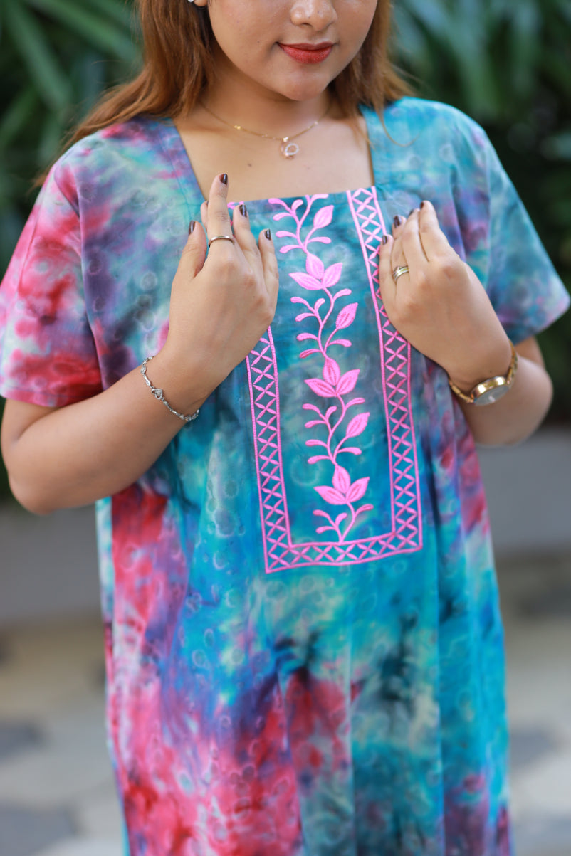 Pure Cotton Batik Nighty With Elegent Embroidery Design