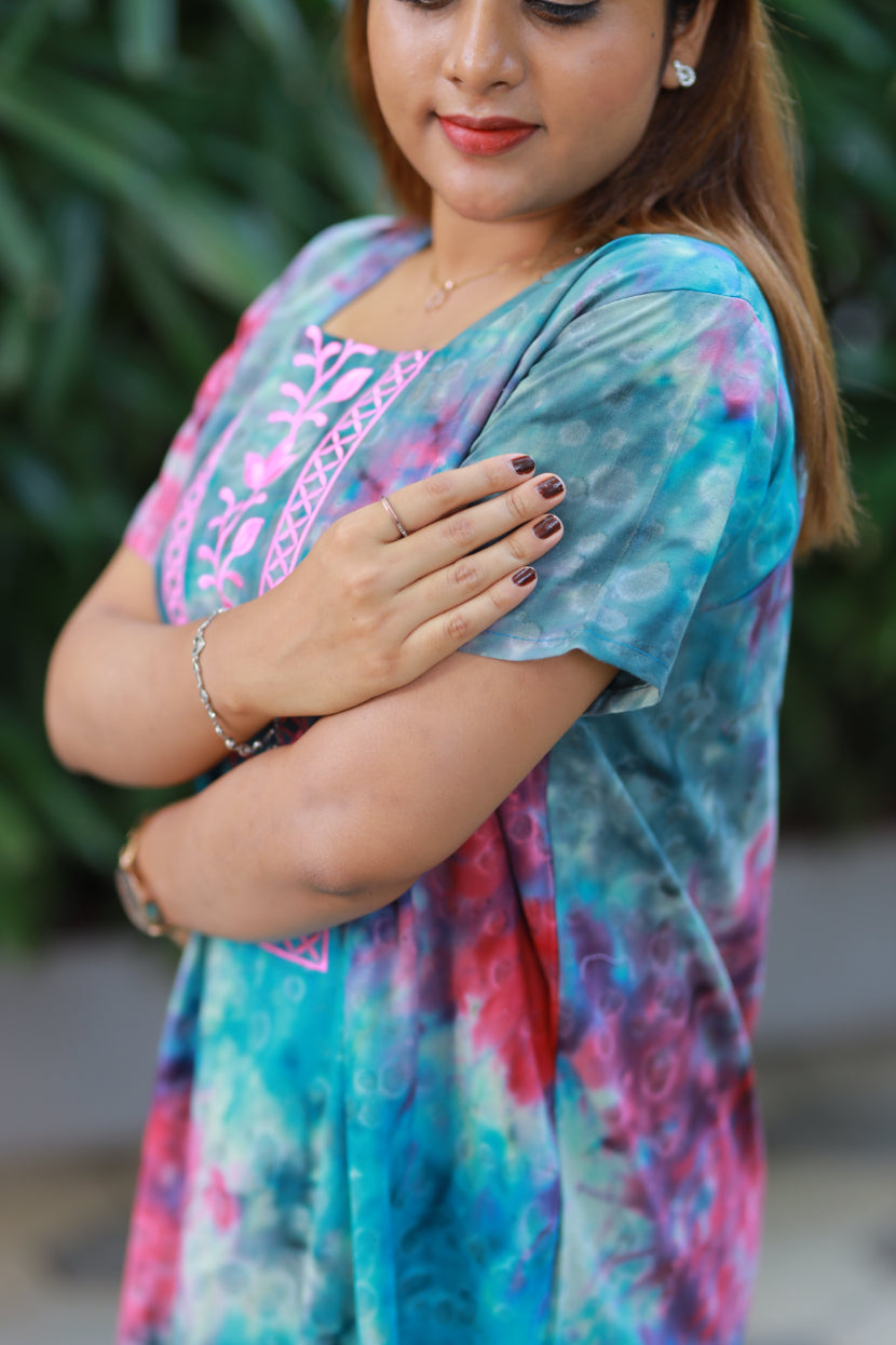 Pure Cotton Batik Nighty With Elegent Embroidery Design
