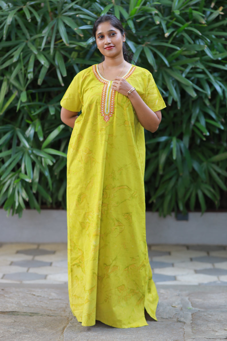 Pure Cotton Batik Nighty With Elegent Embroidery Design