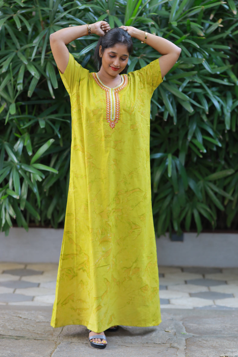 Pure Cotton Batik Nighty With Elegent Embroidery Design