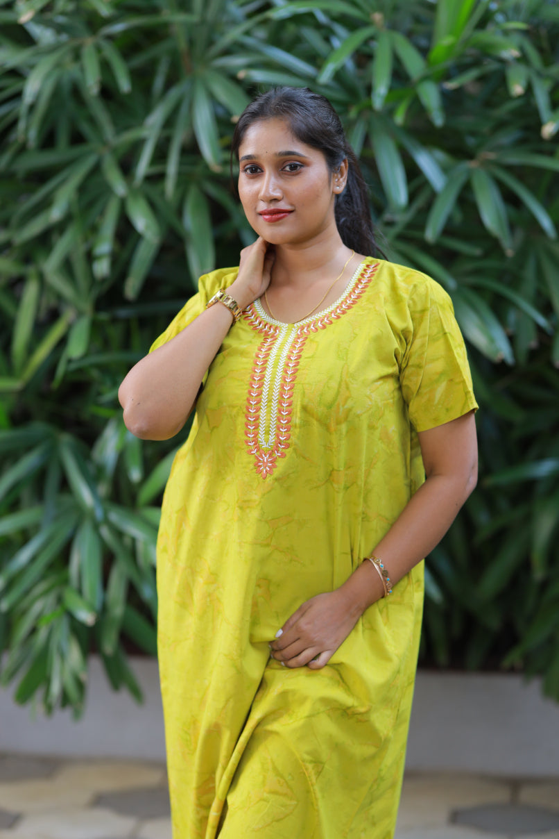 Pure Cotton Batik Nighty With Elegent Embroidery Design