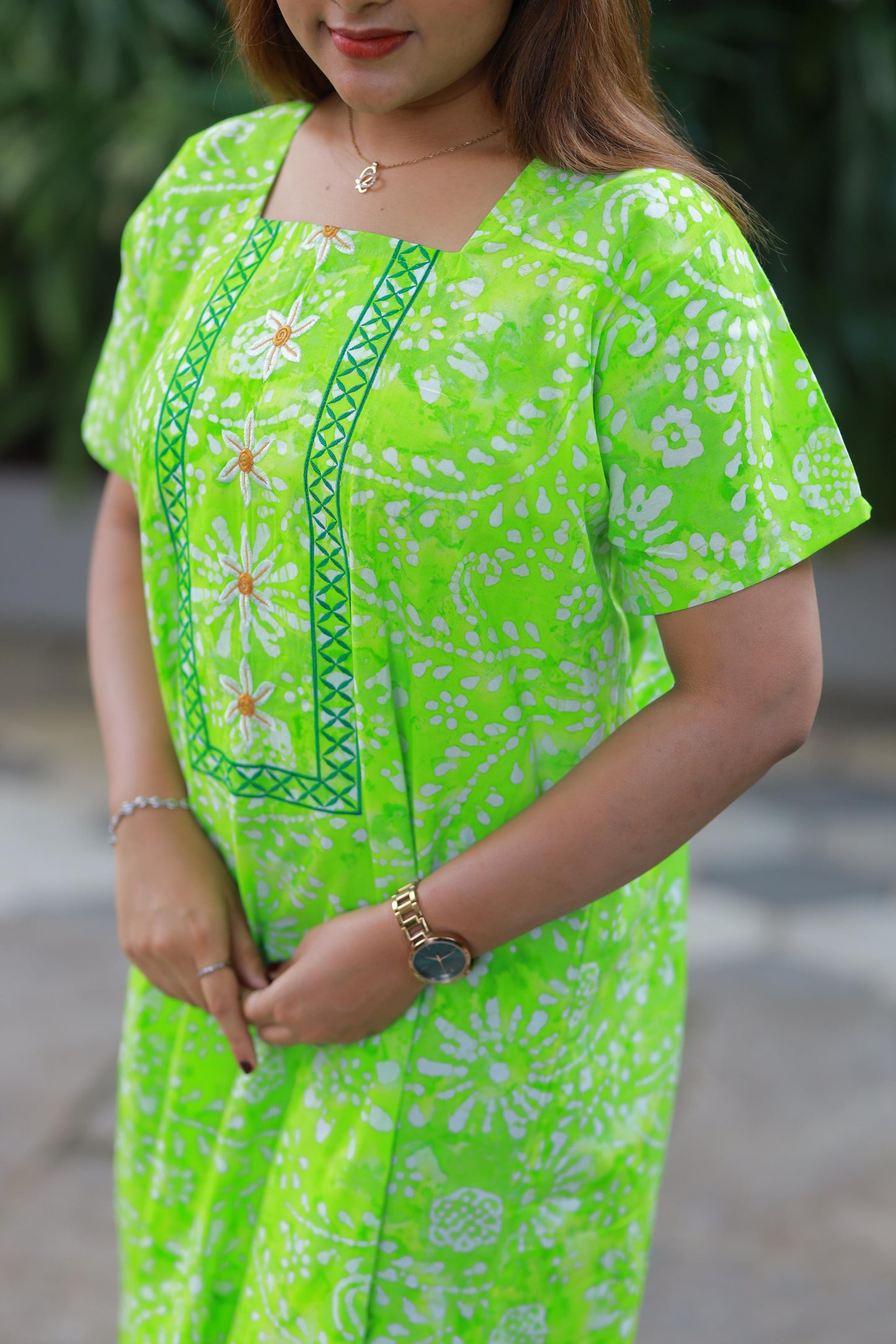 Green With White Pure Cotton Batik Nighty With Elegent Embroidery Design