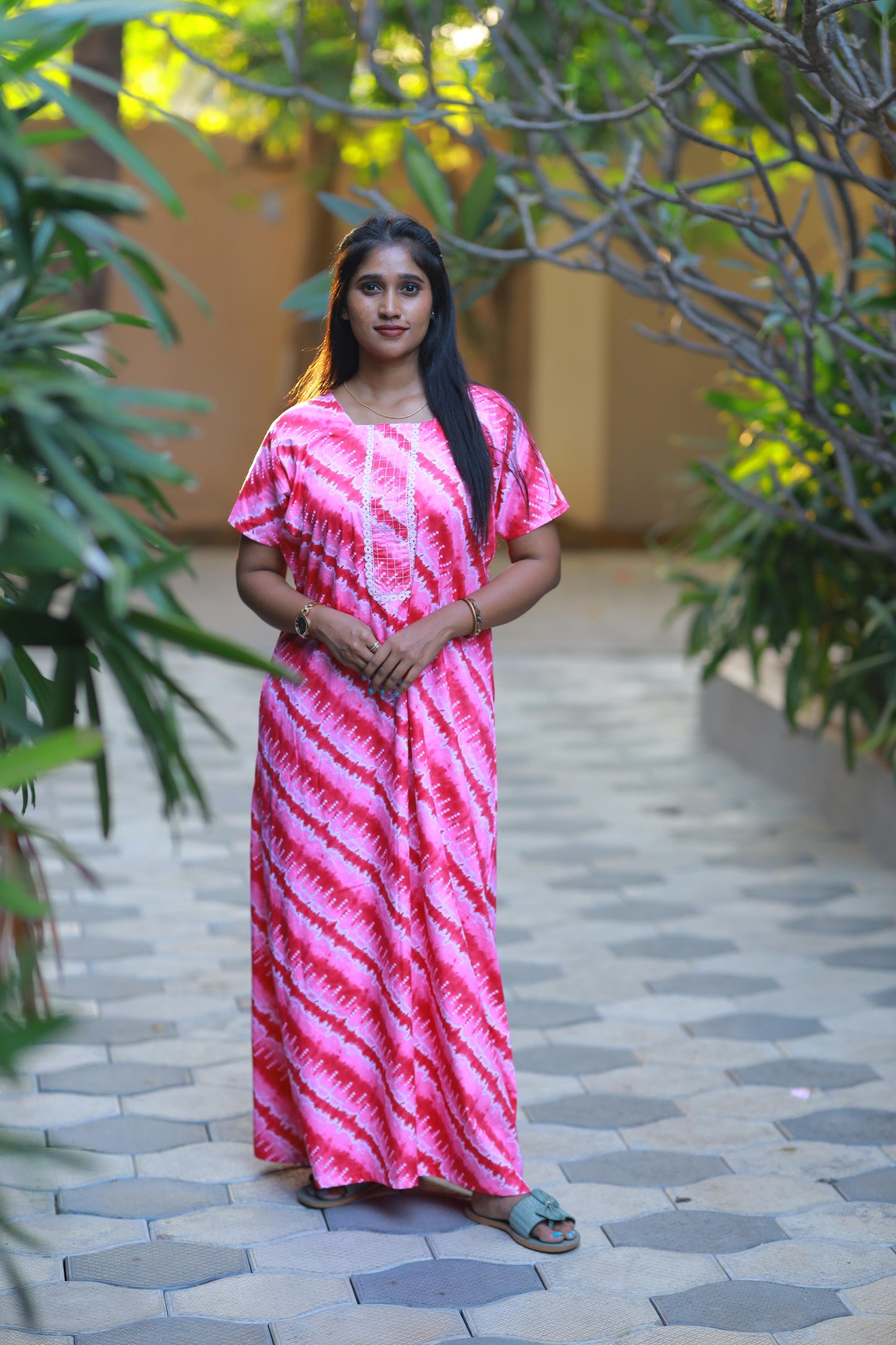Dark Pink With Light Pink Lace Model Without Zip Nighty