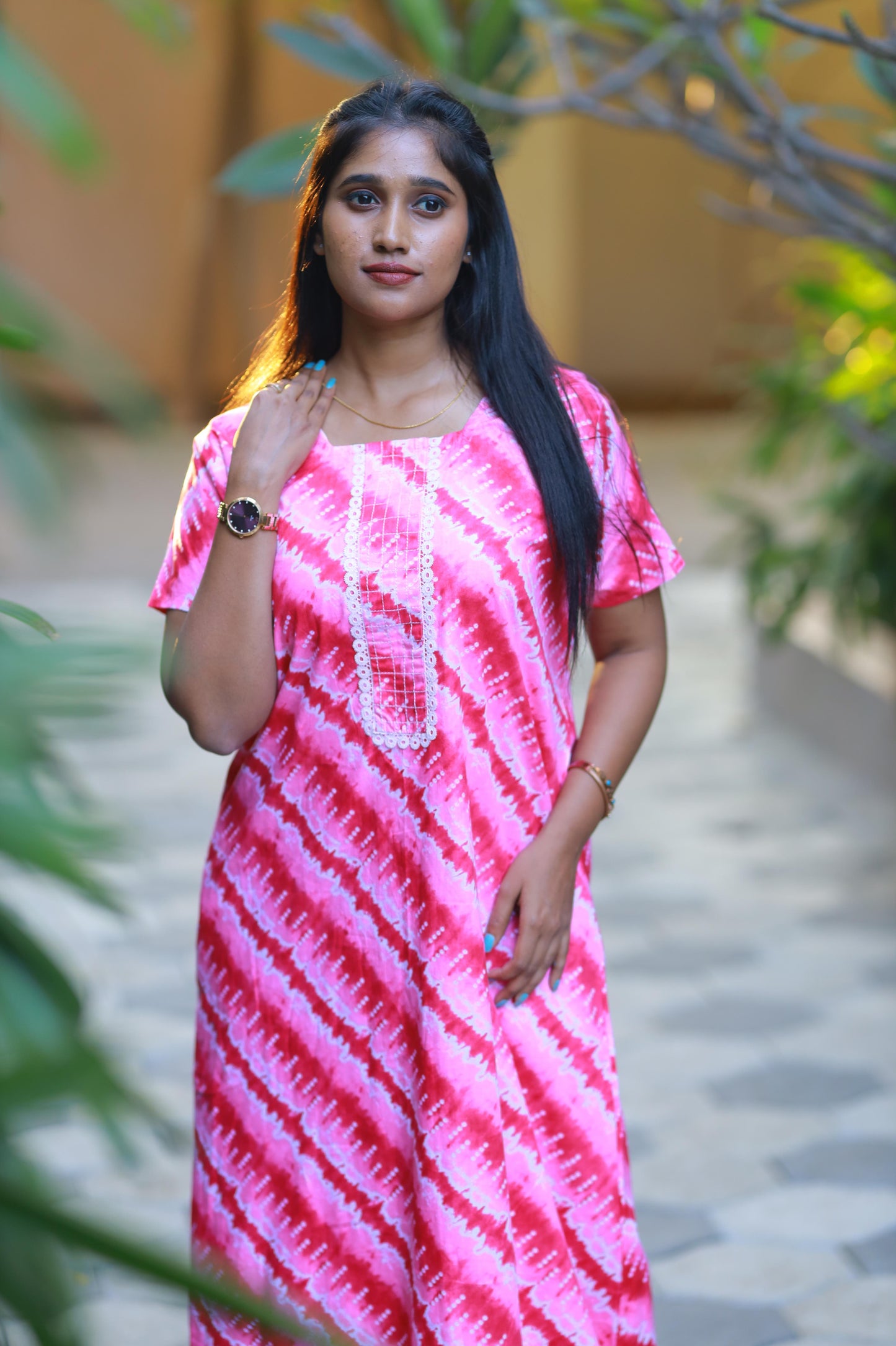 Dark Pink With Light Pink Lace Model Without Zip Nighty