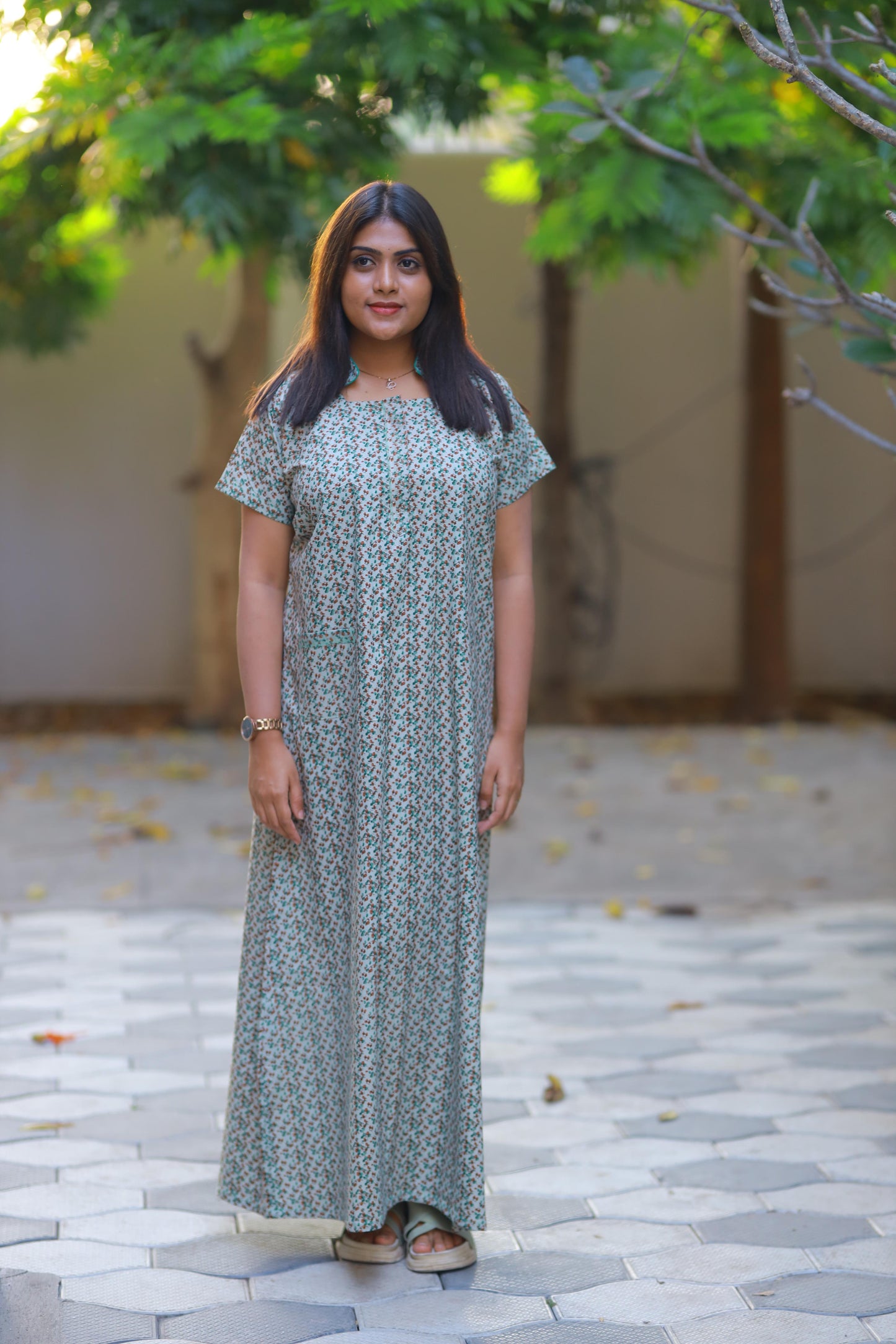 Pista green floral design Collar Nighty