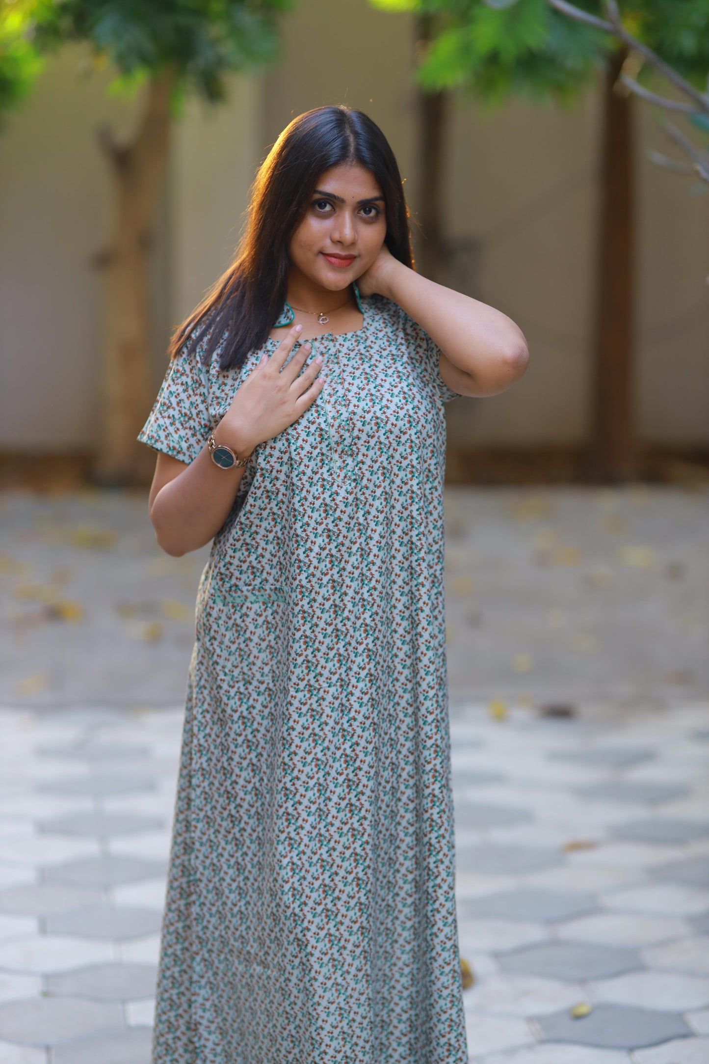 Pista green floral design Collar Nighty