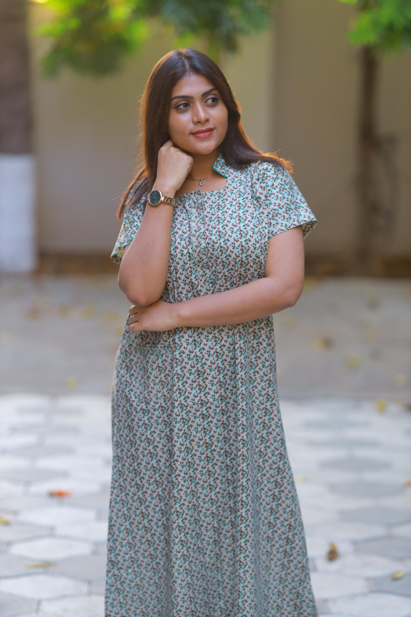 Pista green floral design Collar Nighty