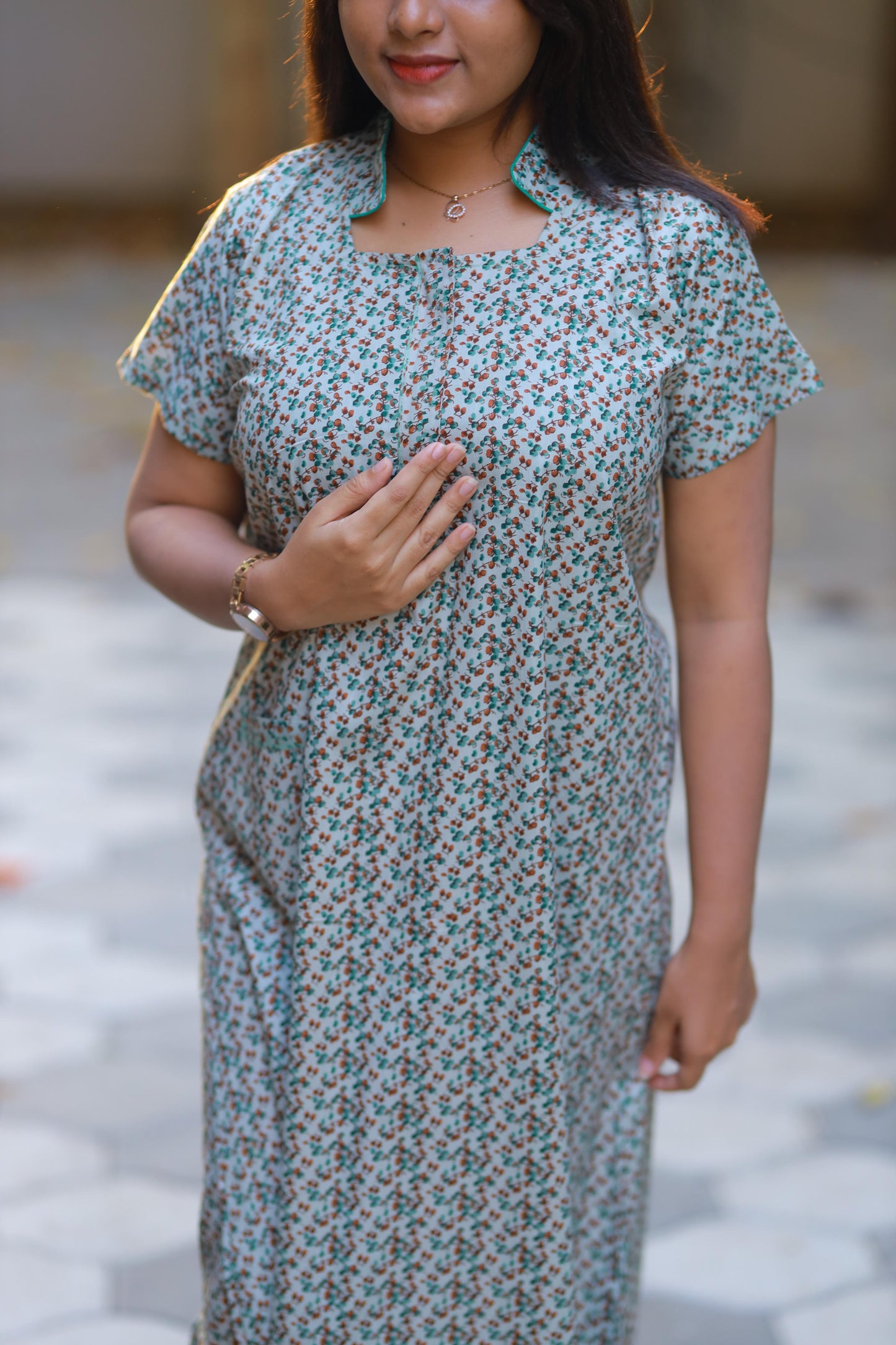 Pista green floral design Collar Nighty