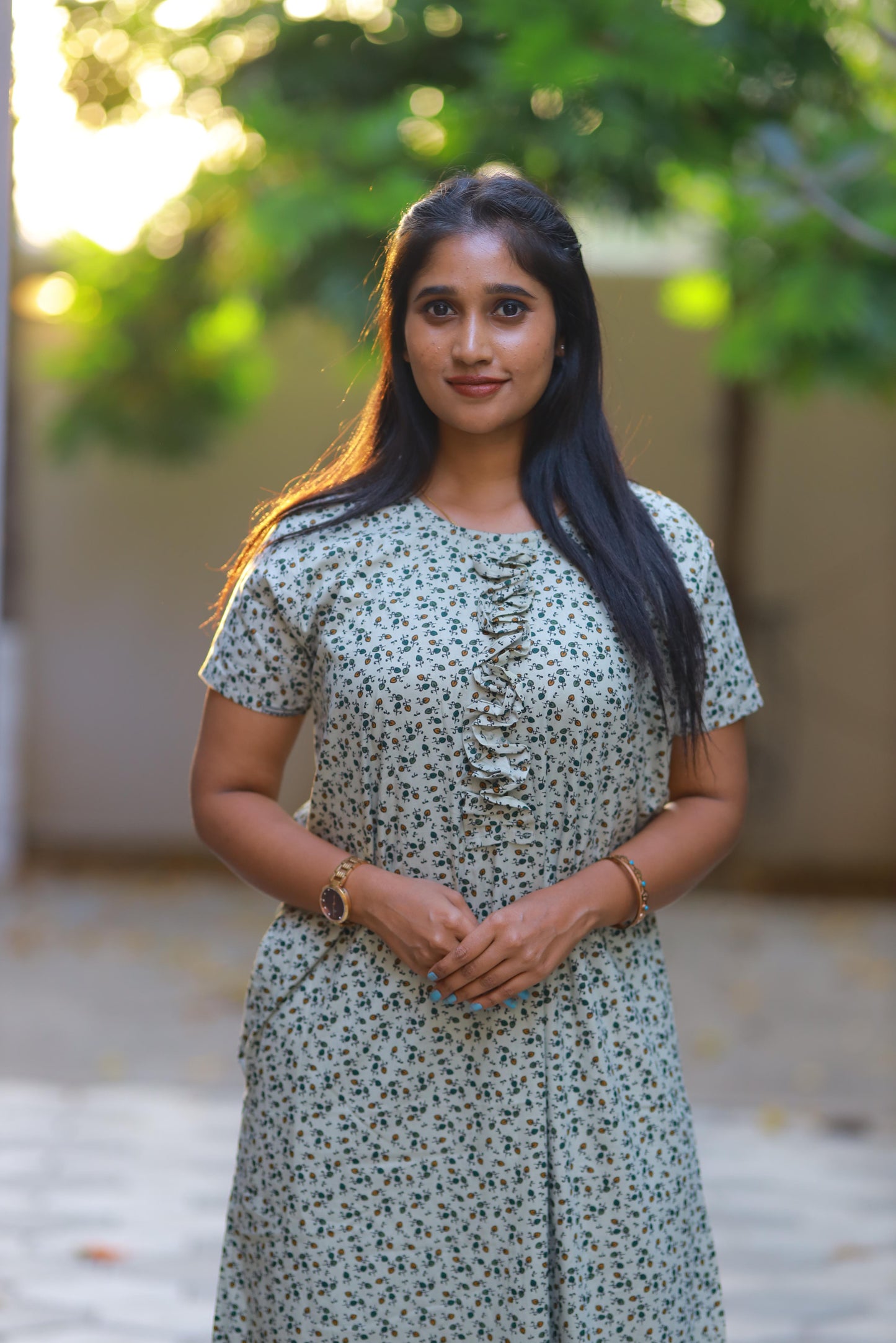 Pista Green With Flower Designing Without Zip Nighty