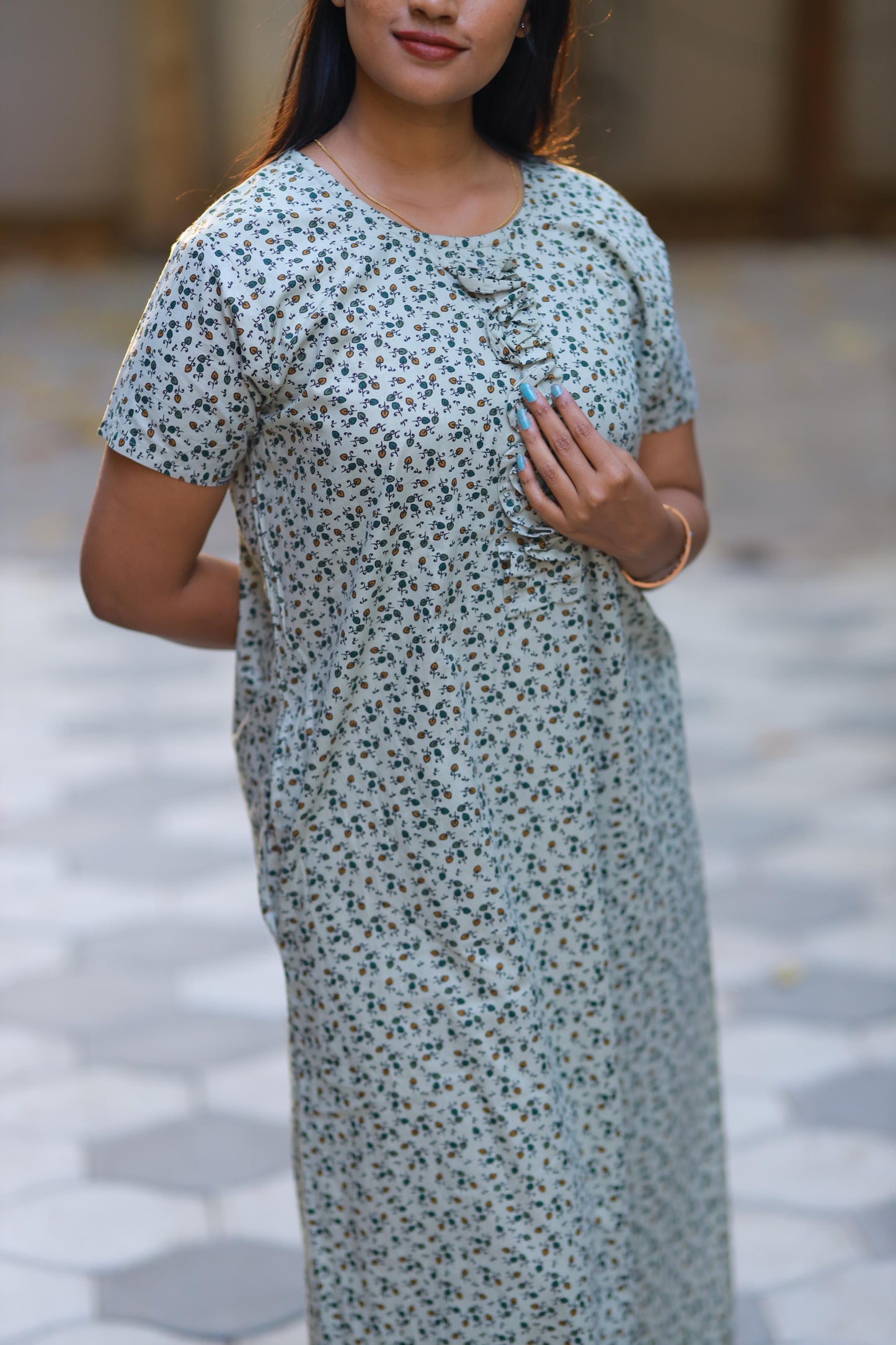 Pista Green With Flower Designing Without Zip Nighty