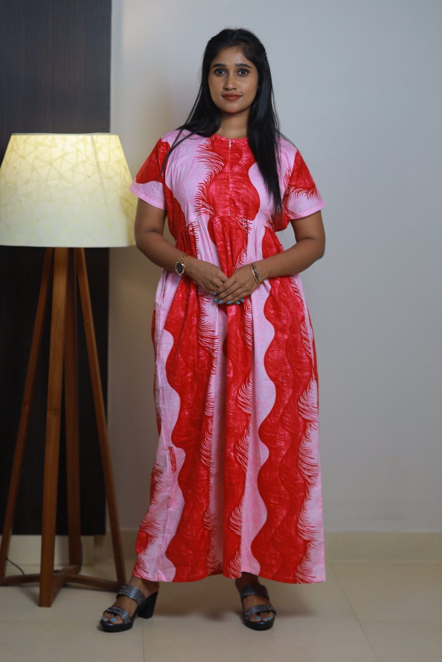 Pink with Dark Pink design With center zip Frock