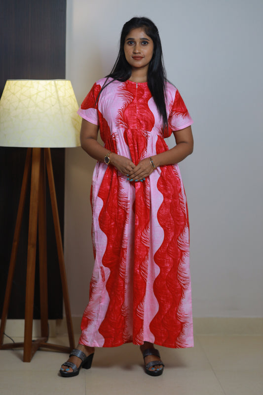 Pink with Dark Pink design With center zip Frock