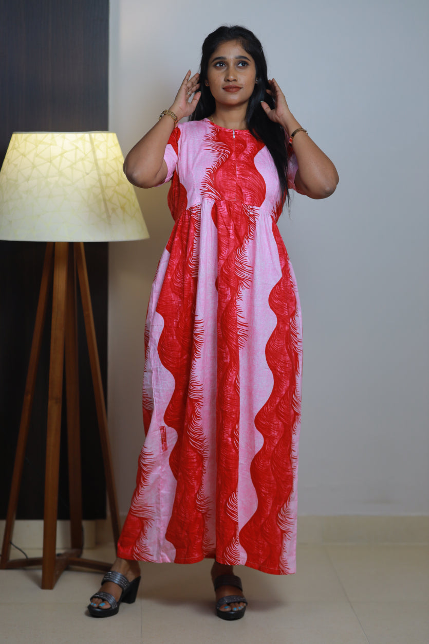 Pink with Dark Pink design With center zip Frock