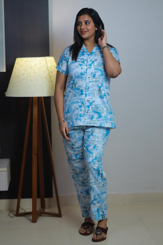 Sky Blue With White Floral Design Premium Quality NightDress