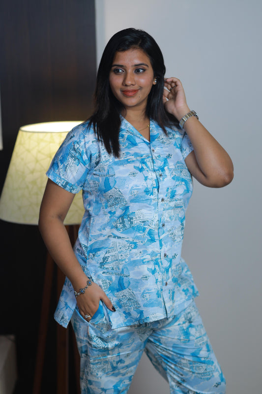 Sky Blue With White Floral Design Premium Quality NightDress