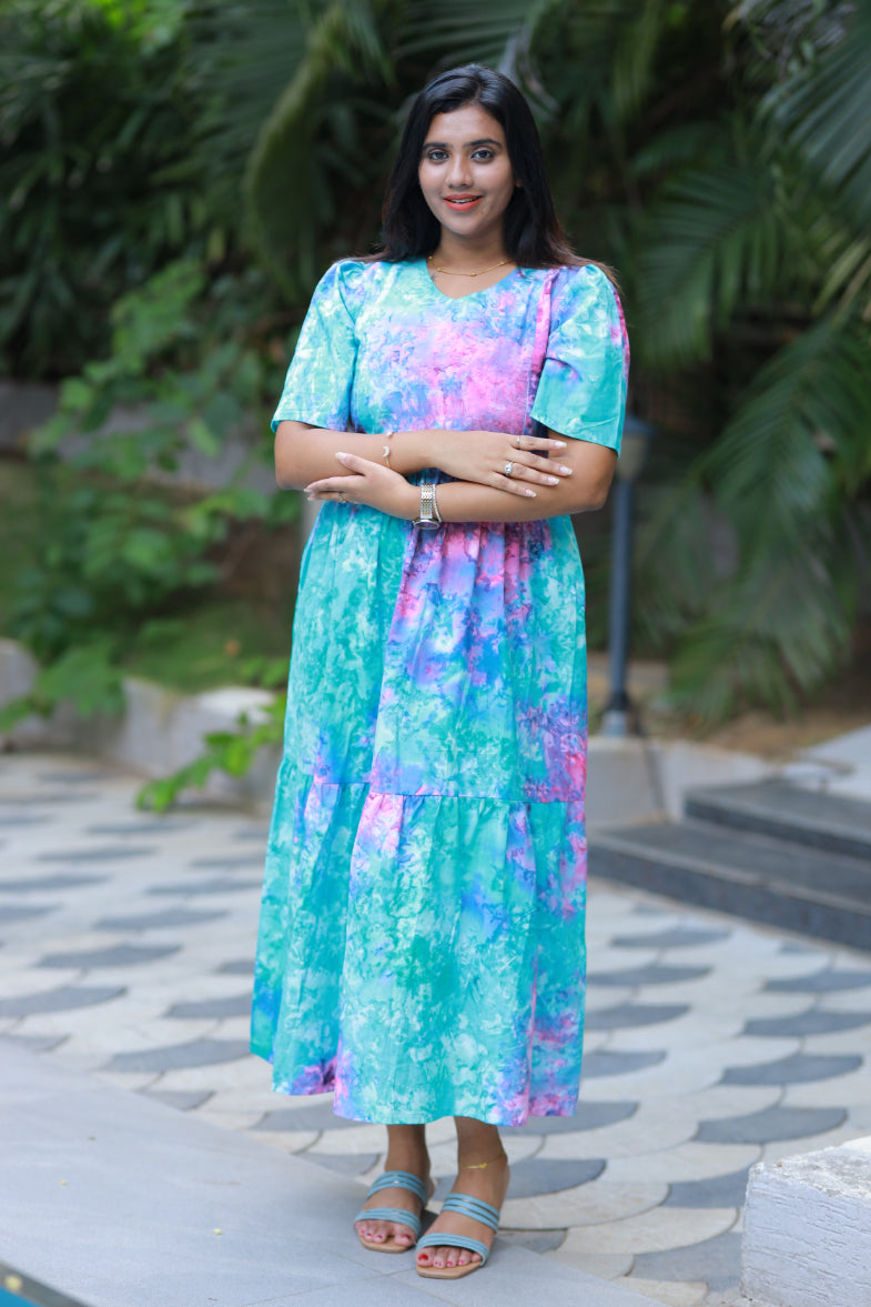 Pure cotton Hand Dyed sky Batik double layer frock with side zip