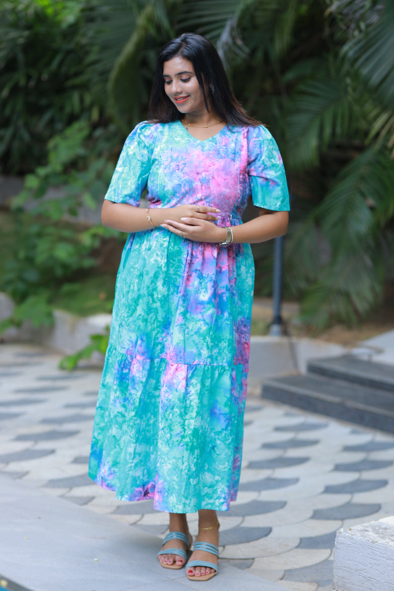 Pure cotton Hand Dyed sky Batik double layer frock with side zip