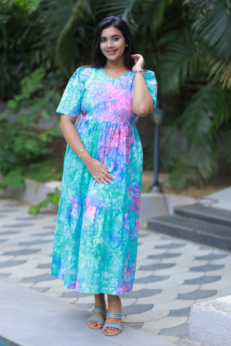 Pure cotton Hand Dyed sky Batik double layer frock with side zip