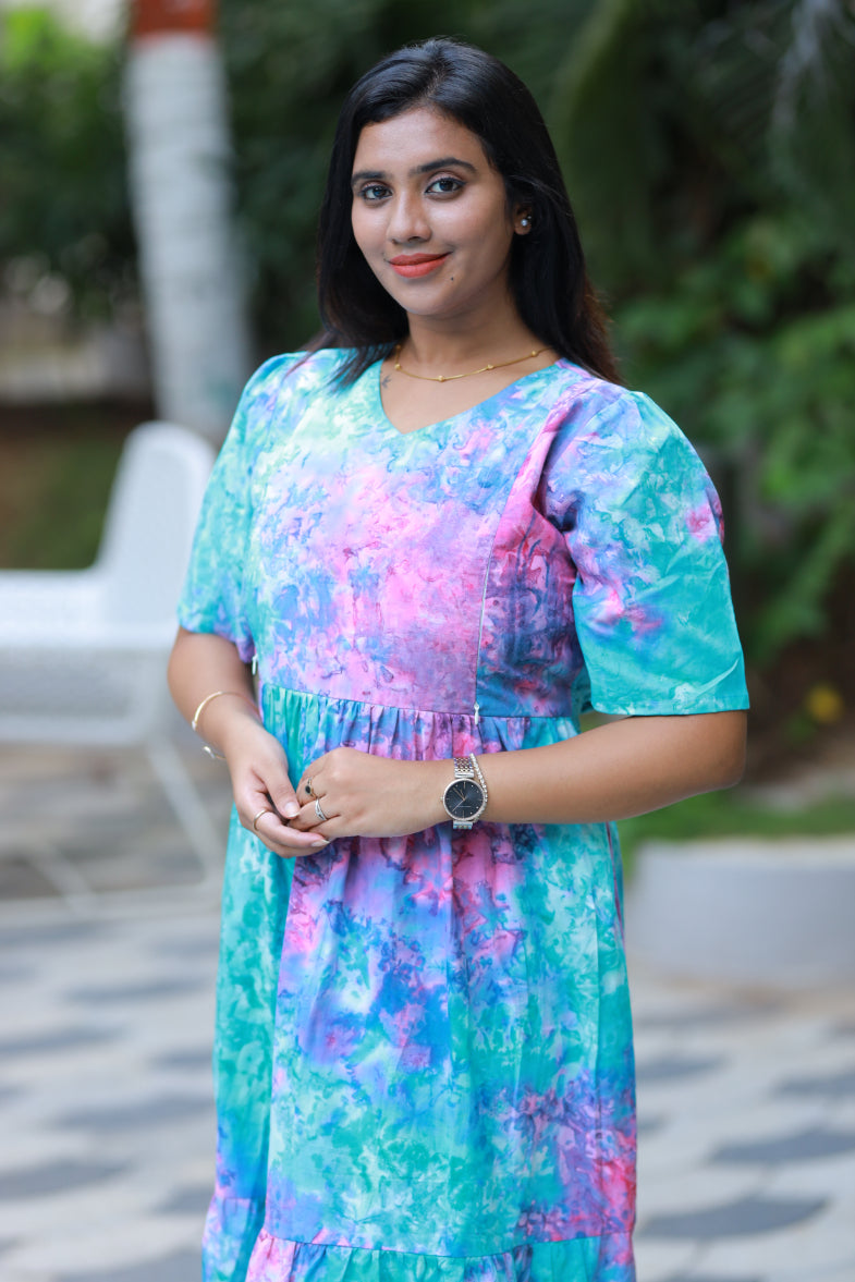 Pure cotton Hand Dyed sky Batik double layer frock with side zip