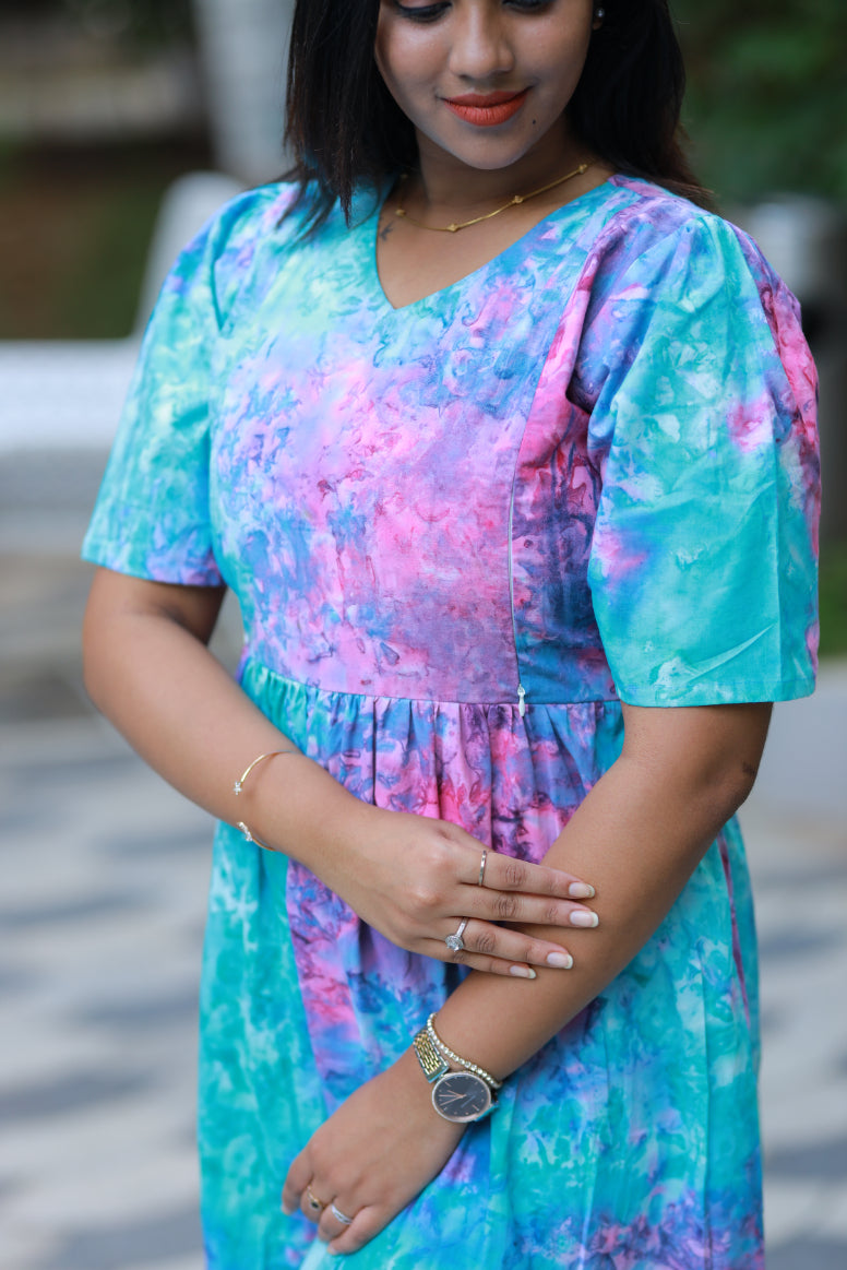 Pure cotton Hand Dyed sky Batik double layer frock with side zip