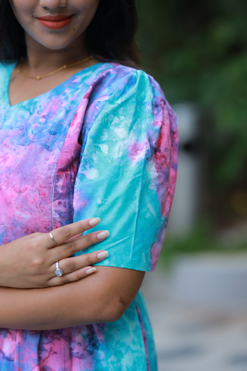 Pure cotton Hand Dyed sky Batik double layer frock with side zip